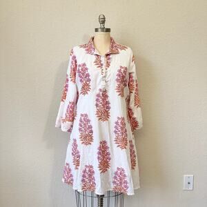 VICTORIA DUNN Mini Shirt Dress White Pink Floral Cotton 3/4 Sleeve Boho